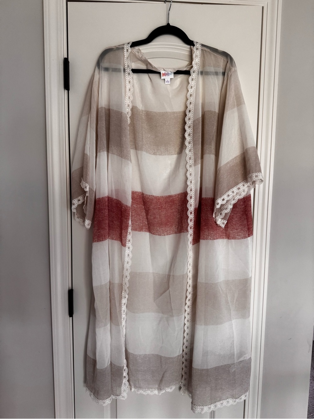 Lularoe duster kimono striped lace sheer white cream rose size large